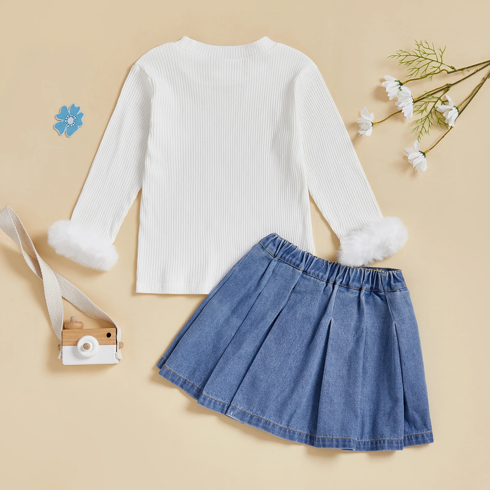 Conjunto de 2 piezas de falda de mezclilla con cintura elástica y manga larga con ribete borroso para niña pequeña - imagen 2