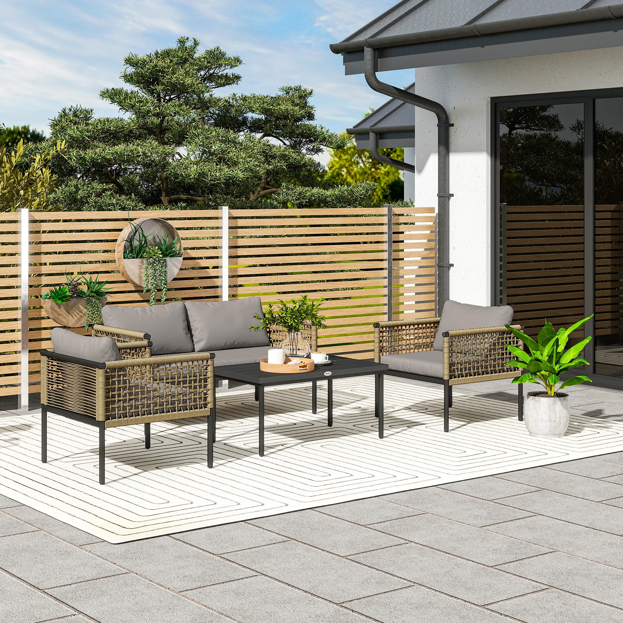 Outsunny Conjunto de Jardín Exterior de Ratán Sintético de 4 Piezas Muebles de Jardín Exterior Incluye 1 Sofá Doble 2 Sillones y Mesa de Centro con Cojines Natural y Gris