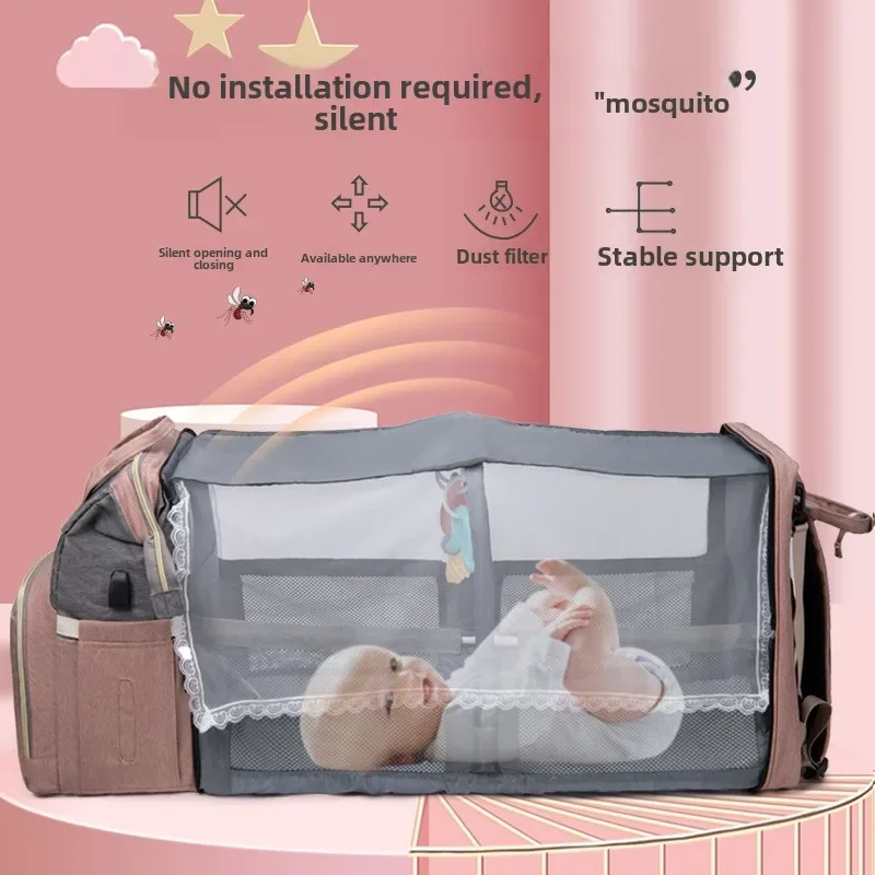 Bolsa de mamá de viaje, cama de cuna plegable portátil, bolsa de maternidad de gran capacidad, mochila saliente para bebé, bolsas de pañales impermeables para bebé - imagen 4