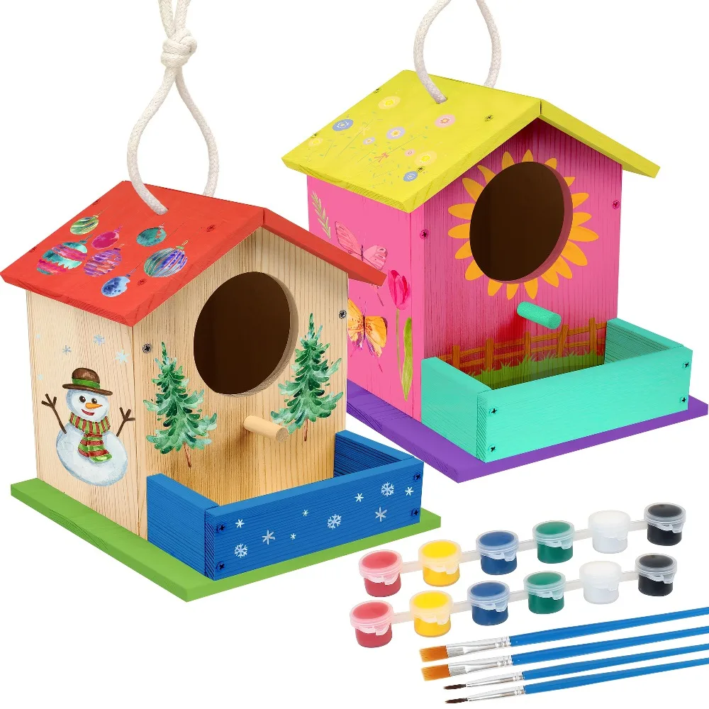 Kits de casitas de pájaros de madera DIY, juego creativo de artes y manualidades para niños y adultos, casas de pájaros de madera sin terminar con pinceles de tiras de pintura
