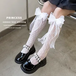 Calcetines hasta la rodilla estilo Lolita JK para niña, medias de malla suave con lazo dulce, rejilla de perlas, Verano