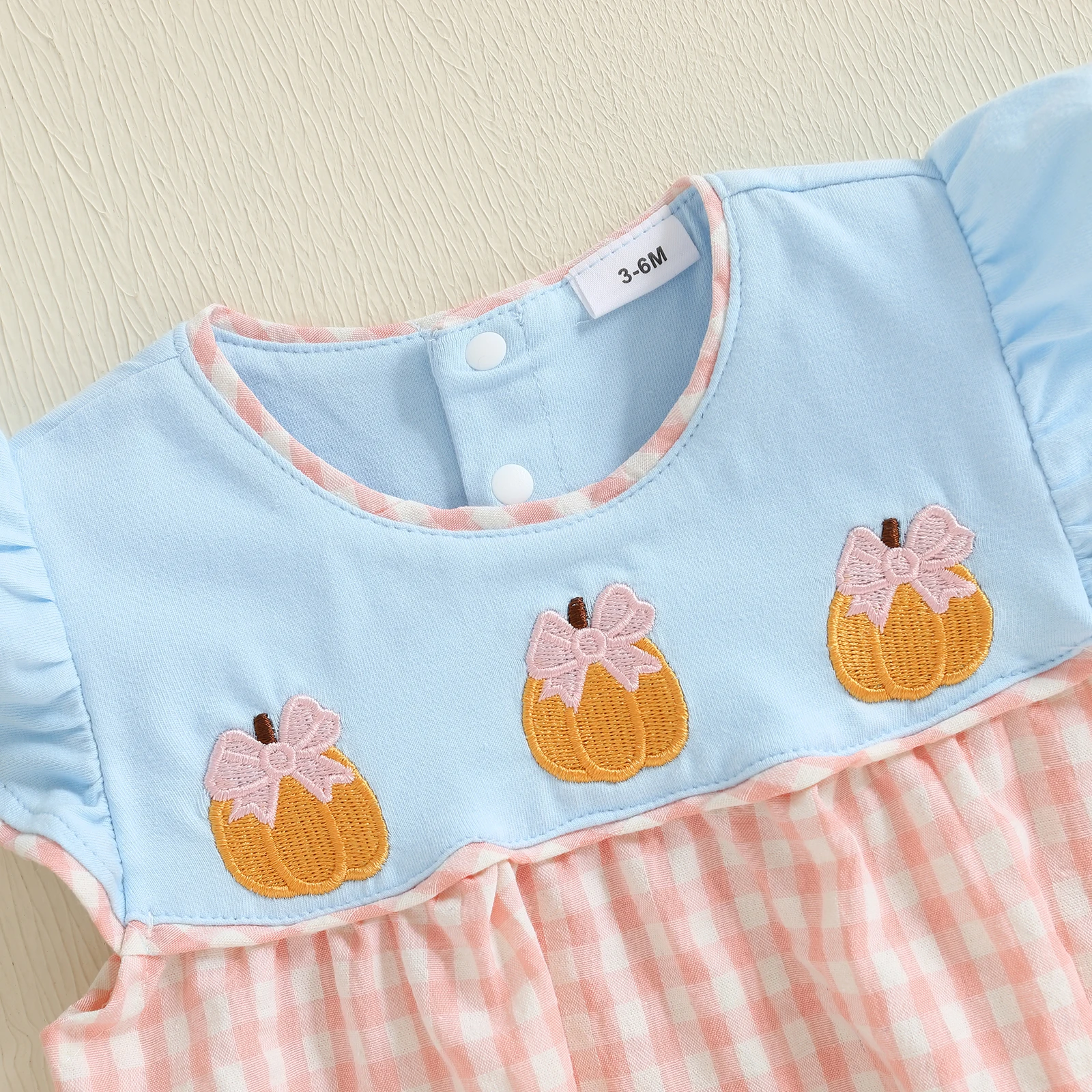 Pelele de verano para niña de 0 a 18 meses, mono con bordado de calabaza y manga voladora, mono de burbujas a cuadros - imagen 4