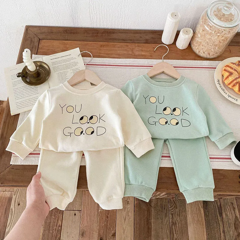 Milangel-Conjunto de Sudadera con capucha para bebé, chándal informal con estampado de letras de dibujos animados, 2 piezas, otoño, 2024