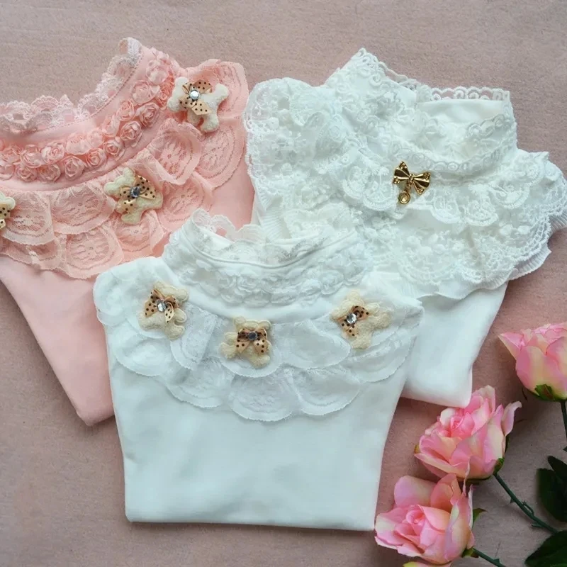 Ropa interior de Color sólido para niñas, camisa con cuello de encaje para niños, camiseta cálida informal de manga larga para otoño e invierno - imagen 4