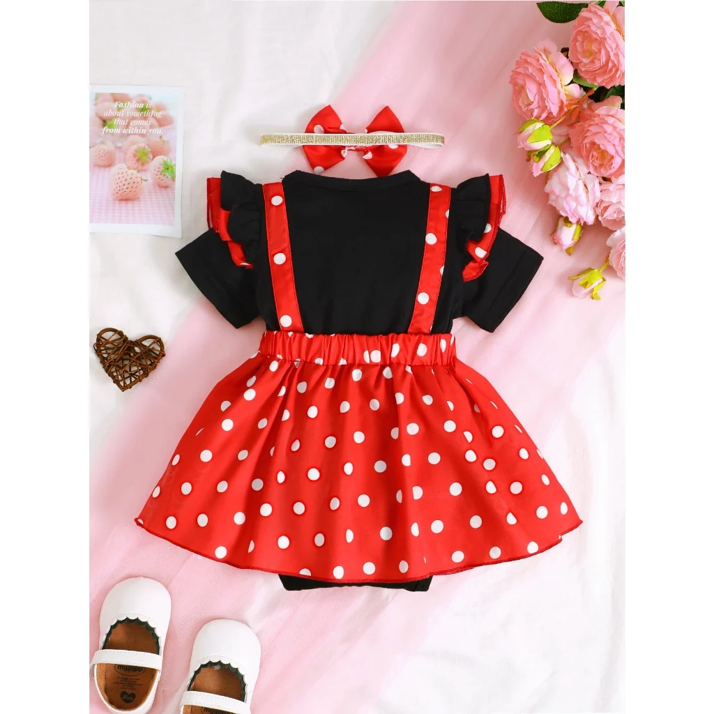 Vestido mameluco de lunares rojo y negro con mangas voladoras bebé - imagen 2