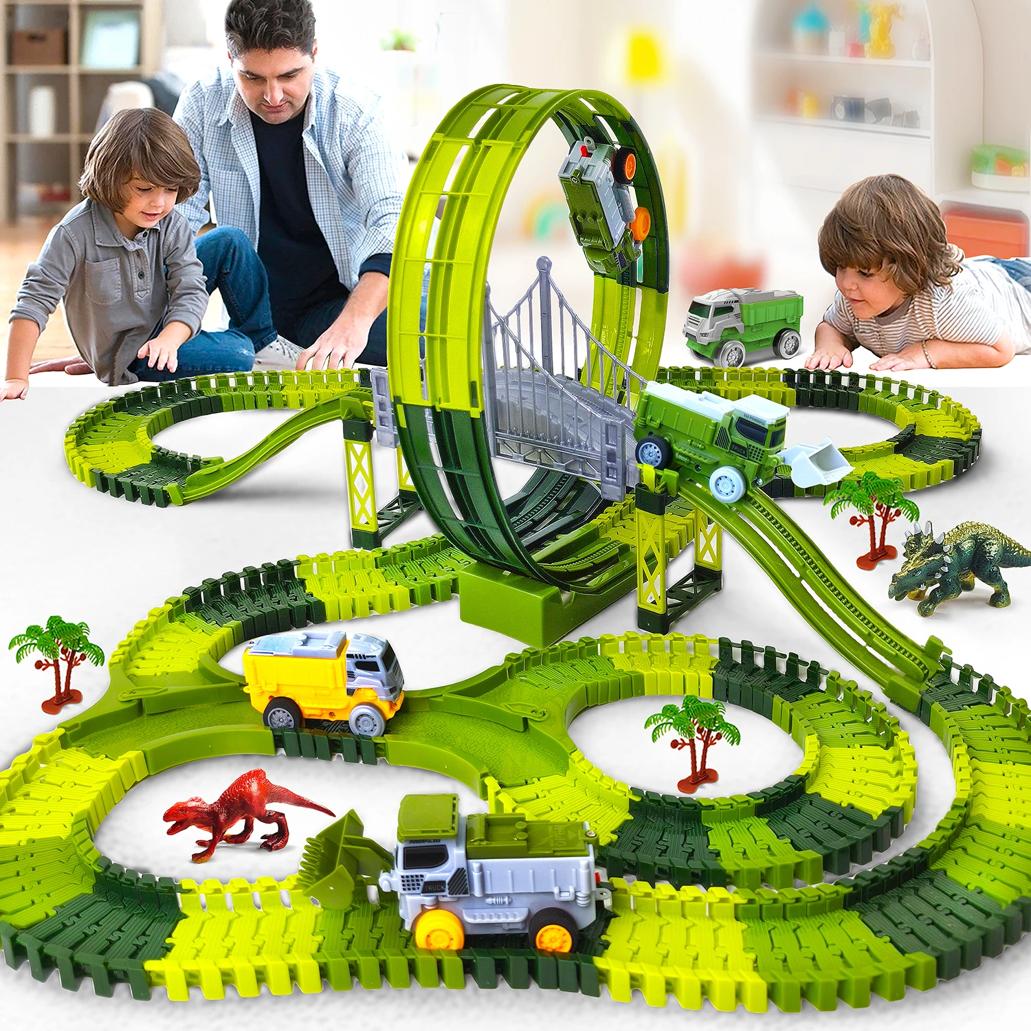Juego de pista de coche de carreras de dinosaurios eléctricos, coche de carril Flexible de escalada mágica, rompecabezas educativo de juguete para niños