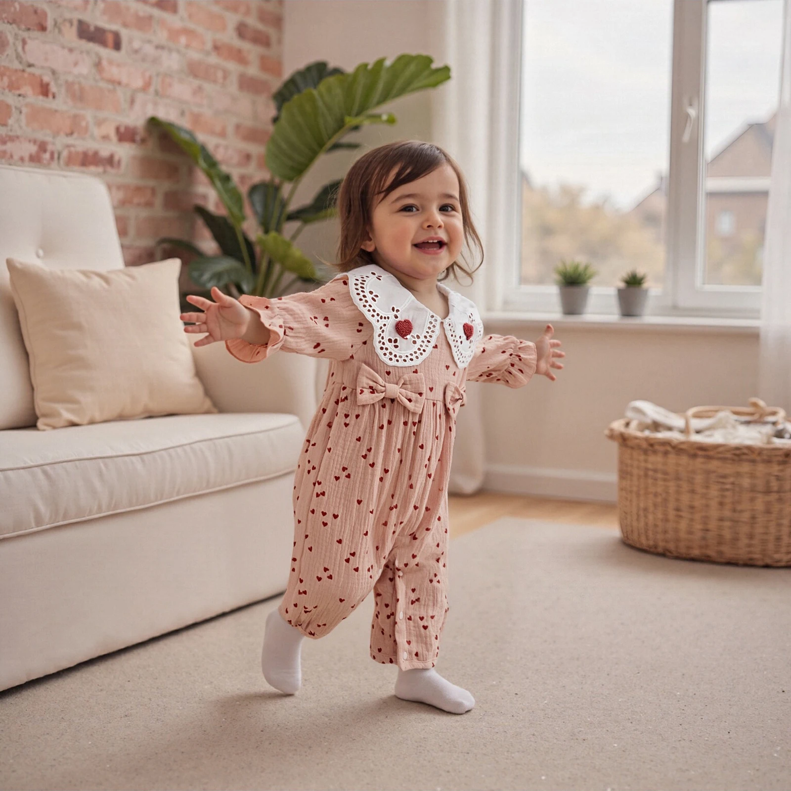 Mameluco para niña del Día de San Valentín, estampado de corazón, lazo decorado, manga larga, cuello de muñeca, mono largo para recién nacidos - imagen 3
