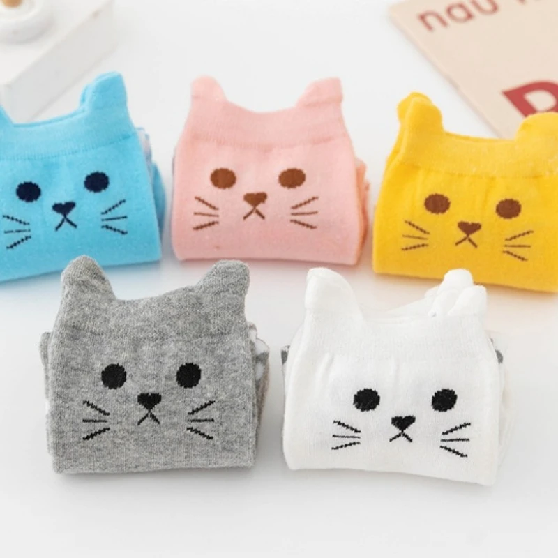 Paquete de 5 pares de calcetines a media pantorrilla con bonito gato en 3D para mujer, calcetines cálidos de algodón con estampado de pata de gato de estilo coreano para otoño/invierno para Halloween