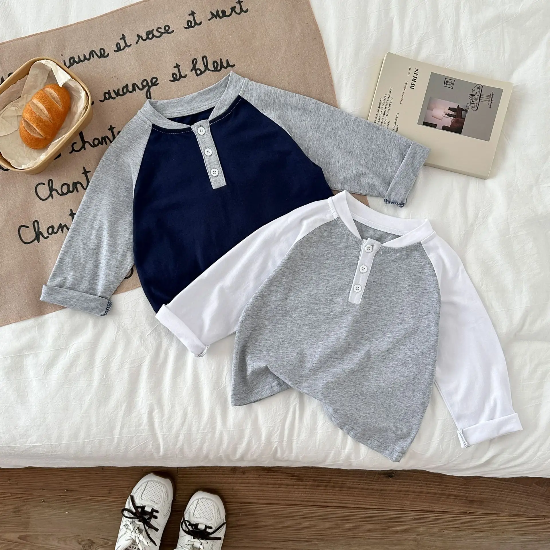 Ropa para niños de 2 a 7 años, camisa básica de retazos para niños, camisa corta de manga larga con cuello en V, camisa informal para niños - imagen 4