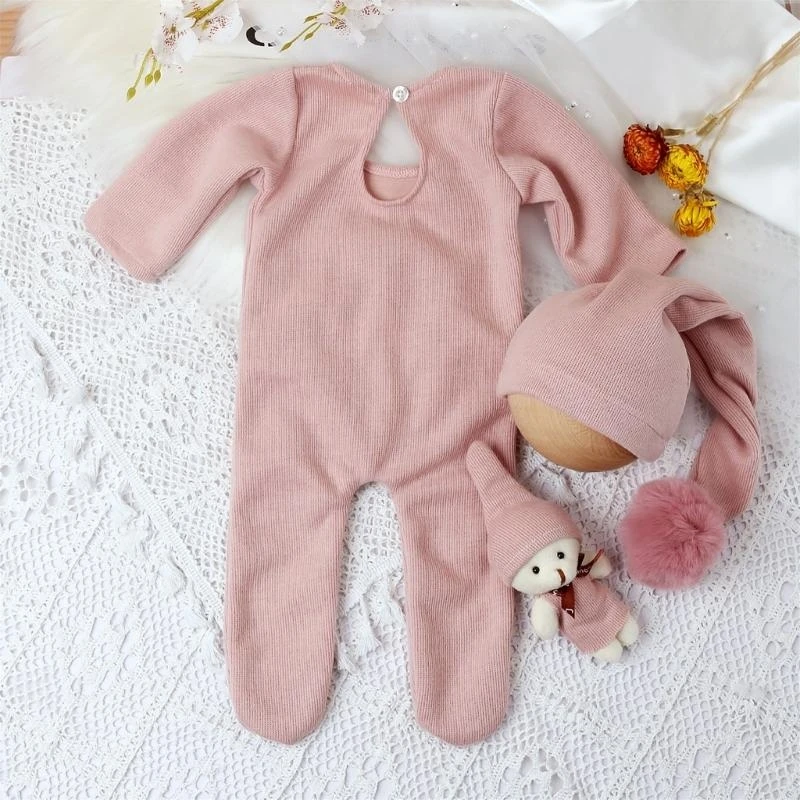 Ropa punto para bebé M76C, sombrero cola larga, pantalones con muñeca, accesorios fotografía recién nacido