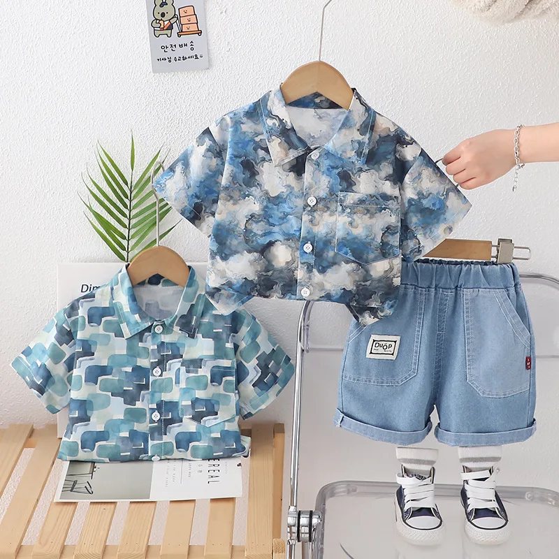 Ropa de moda de verano para bebés, traje para niños, camisa de manga corta, pantalones cortos, 2 unids/set, ropa para niños, disfraz informal de algodón para niños