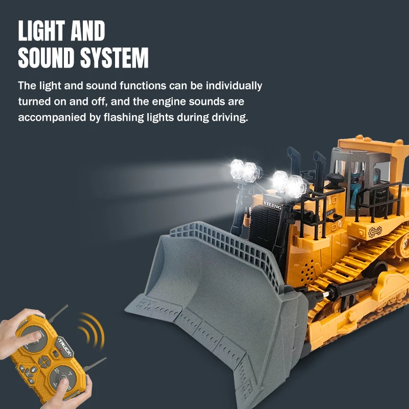 Bulldozer RC 2,4 Ghz vehículo de ingeniería 9/11CH con pista de pulverización de sonido ligero construcción excavadora de volquete de coche fundido a presión para Navidad - imagen 2