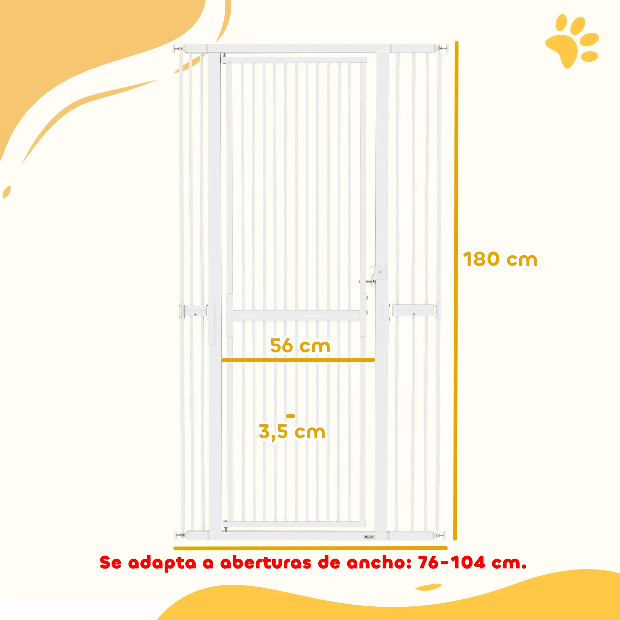 PawHut Barrera de Seguridad para Perros y Gatos Extra Alta 180 cm, Barrera para Perros Extensible 76-104 cm, Separación 3,5 cm, para Puertas y Escaleras, con Montaje a Presión, 2 Extensiones, Blanco - imagen 5