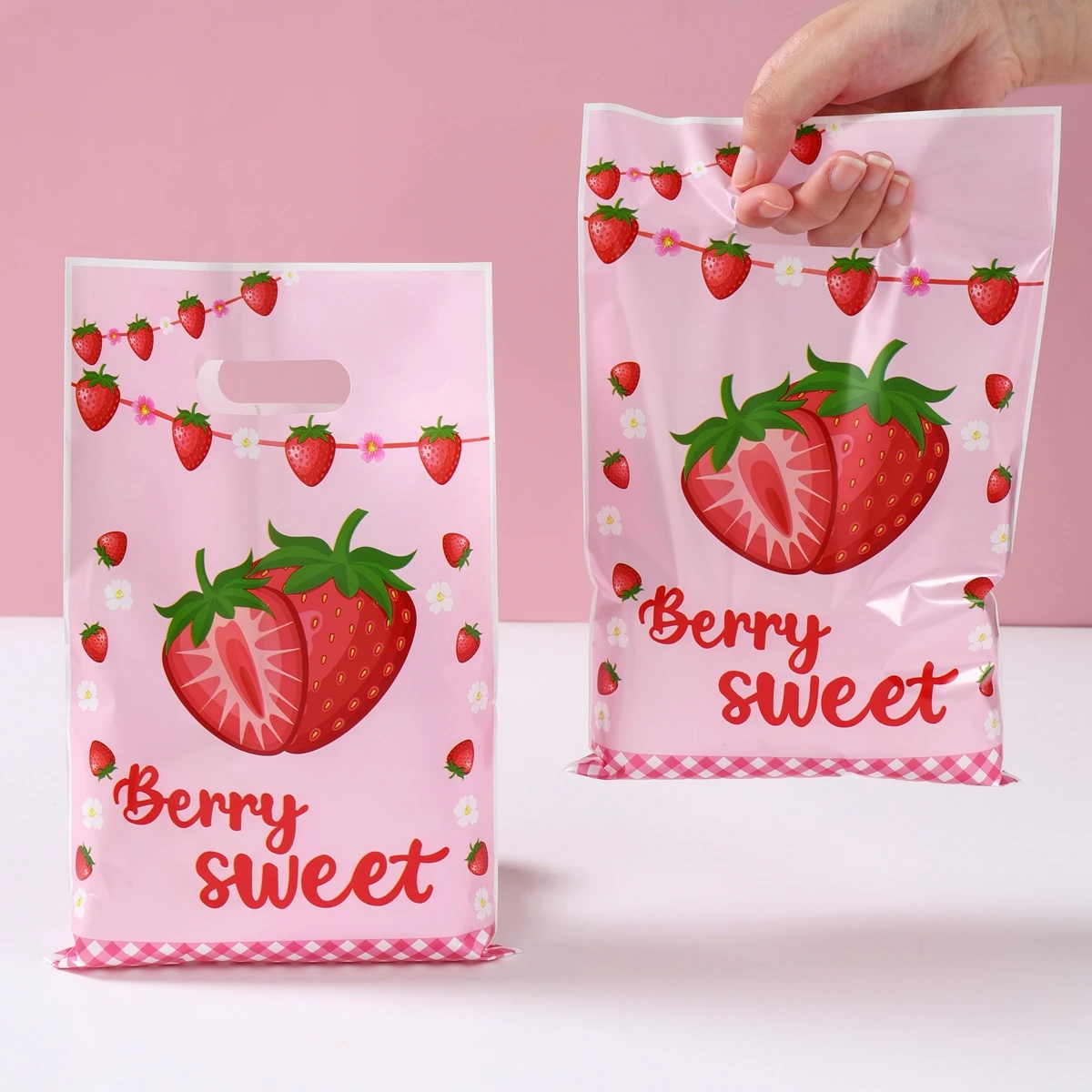 Bolsa de plástico de fresa con bonito diseño de fruta, bolsa de regalo de mano, ropa, cocina, compras, fiesta, embalaje de regalo, bolsas reutilizables, 10 Uds. - imagen 5