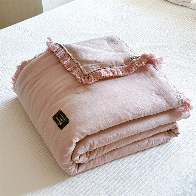 Edredón de verano de algodón de gasa de cuatro capas de fibra Clase A, relleno de fibra de soja de hilo arrugado, aire acondicionado, edredón fino lavable