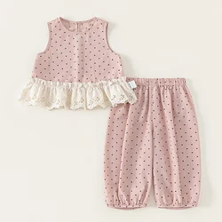 Conjunto de verano para niña con top de encaje y pantalón rosa