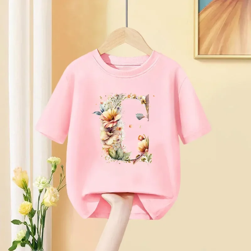 Camiseta para niñas con nombre personalizado, camiseta con estampado combinado de letras, letras de flores, fuente A B C D E F G, camisetas rosas de manga corta para niños - imagen 4