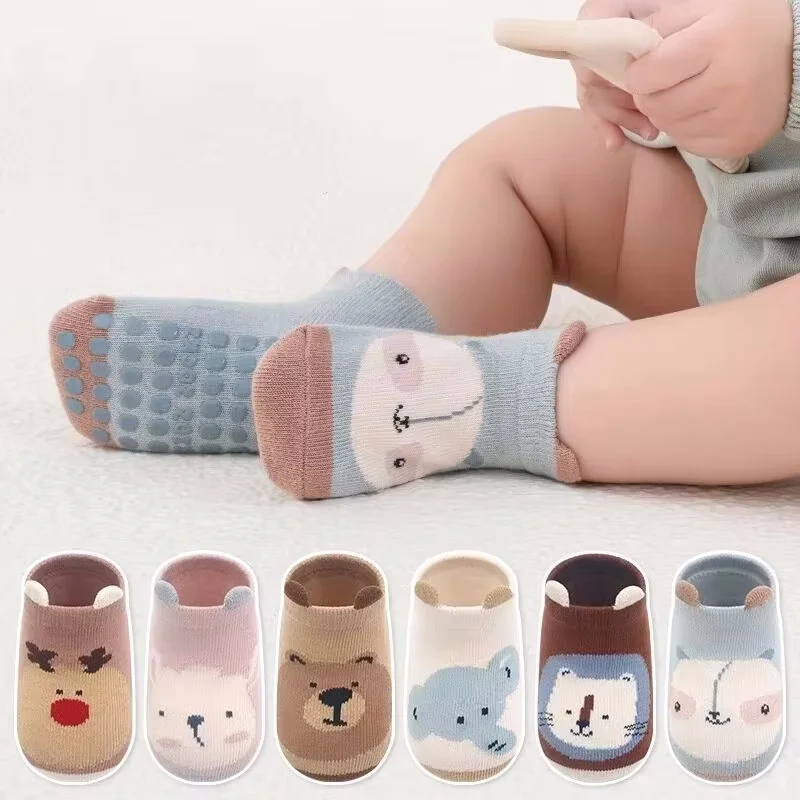 3/6 pares de calcetines para niños y niñas, calcetines antideslizantes de algodón con estampado informal de primavera para niños y niñas, calcetines antideslizantes para el suelo del bebé