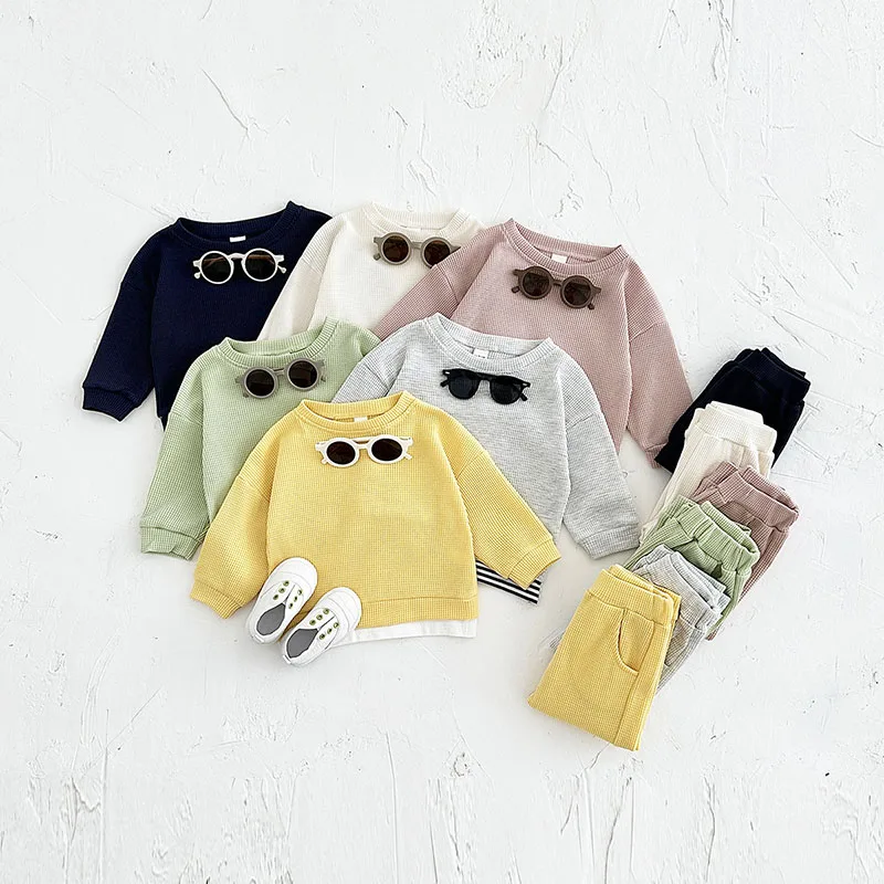 MILANCEL-Conjunto de ropa de gofres para bebé, Sudadera con capucha de Color sólido + Pantalones de chándal, traje de bloque de Color para niño pequeño, novedad de primavera
