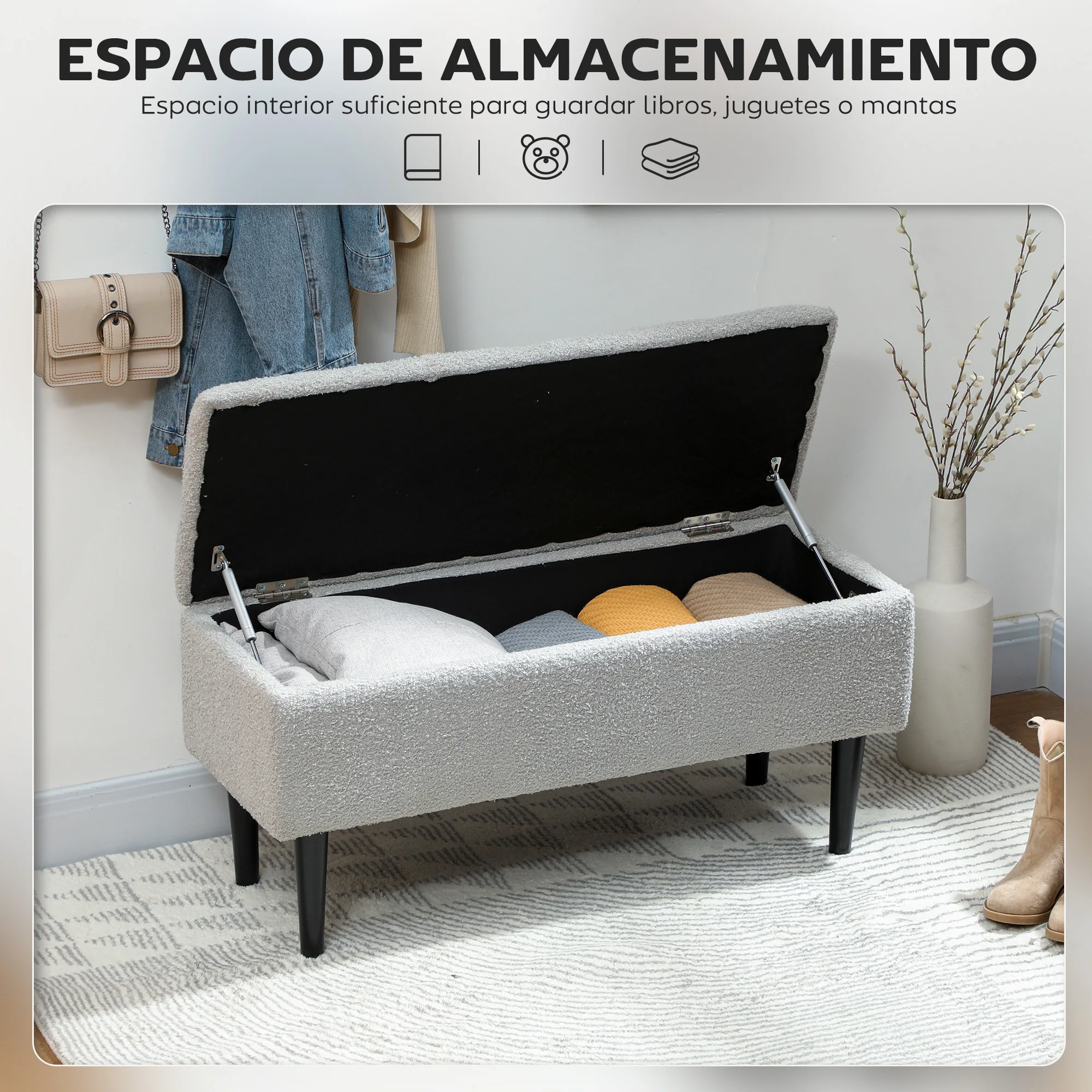 HOMCOM Puff Almacenaje, Banco Almacenaje Plegable, Capacidad de 57 L, 95x38x45 cm, Tapizado en Borreguito, Pie de Cama con Tapa Abatible y Patas de Madera, para Salón, Dormitorio, Entrada, Gris - imagen 4