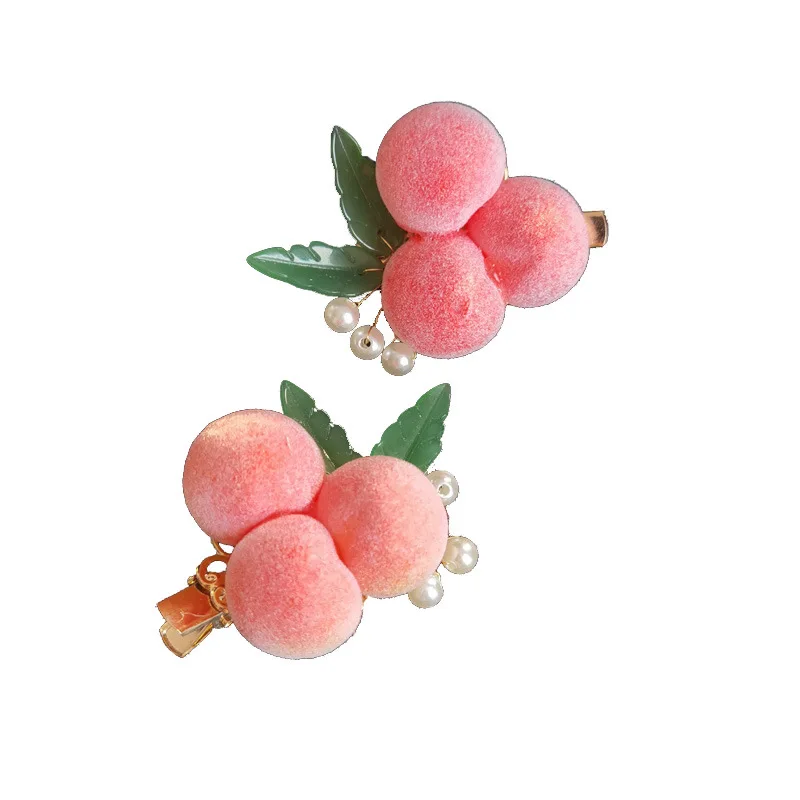 ¡Pinzas para el cabello de melocotón Hanfu chino para niños! Suave terciopelo melocotón y hojas verdes, perfecto para disfraces antiguos, lindos accesorios elegantes. - imagen 5