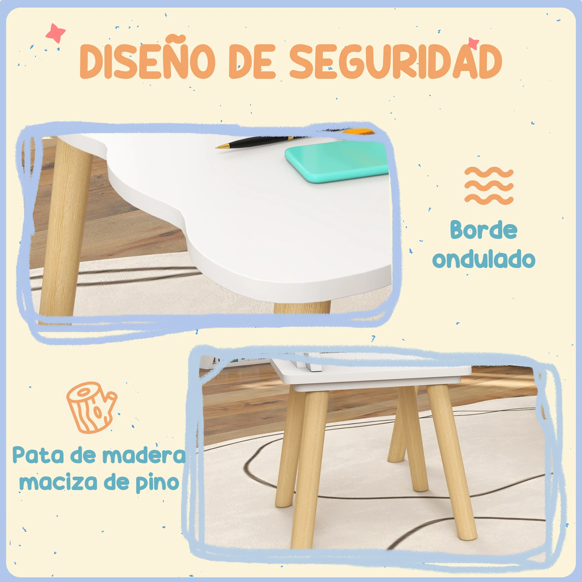 AIYAPLAY Mesa y Sillas Infantiles de 3 Piezas Mesa Infantil con 2 Sillas con Respaldo en Forma de Corona para Niños de 3-6 Años para Sala de Juegos Dormitorio Guardería Blanco - imagen 5