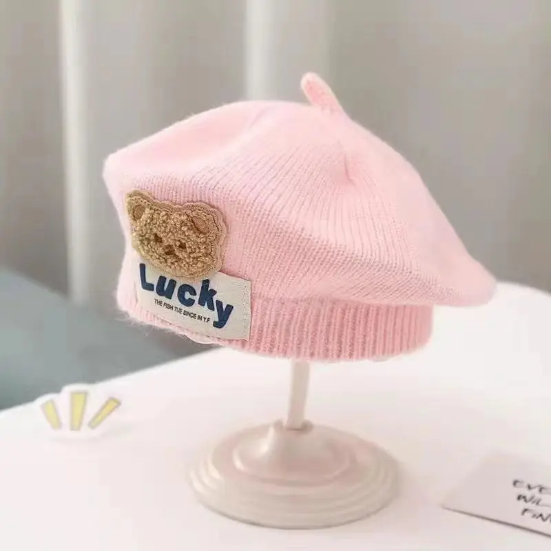 Boina de punto de moda para niños: lindo diseño de oso de dibujos animados, cálido gorro de invierno/otoño para niñas pequeñas y pequeñas, para uso diario. - imagen 3