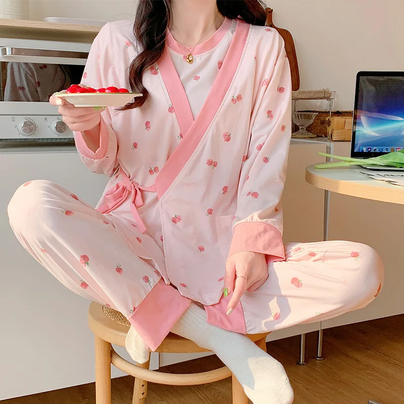 Conjunto de pijamas de maternidad para lactancia, camisón de lactancia estampado de algodón, ropa de dormir para el hogar, moda de primavera y otoño, 3 uds.