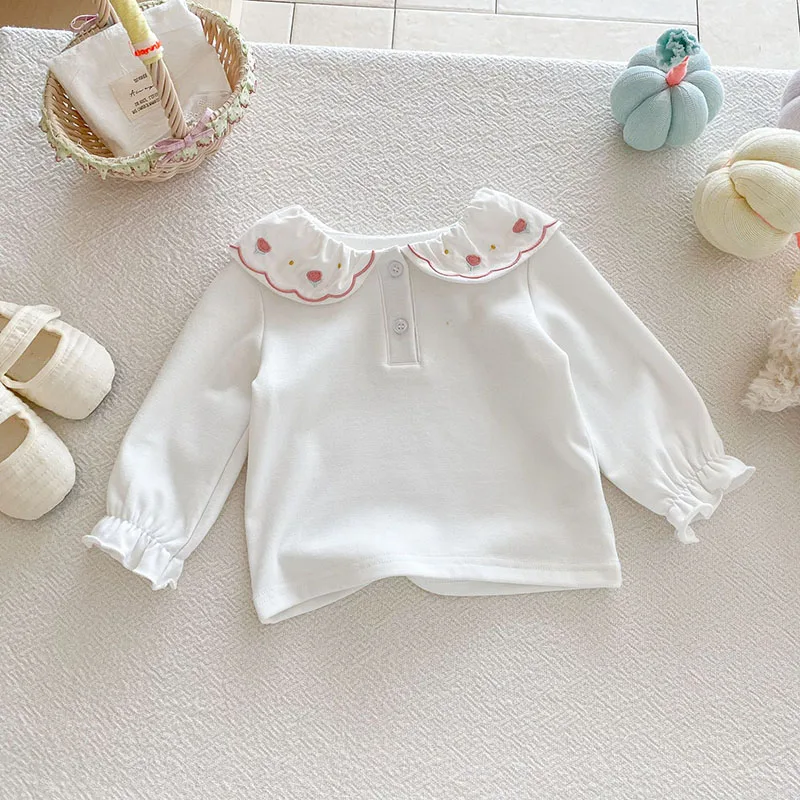 Haut brodé à fleurs pour bébé de 0 à 3 ans, col Peter Pan, chemise à manches longues, vêtements superposés brodés, automne - imagen 5