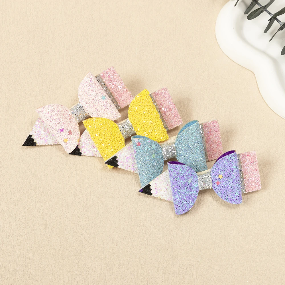 4 unids/set de pinza para el pelo con forma de lápiz brillante para niños, accesorio bonito para el pelo para niña, tocado para niña, fiesta de regreso a la escuela - imagen 2