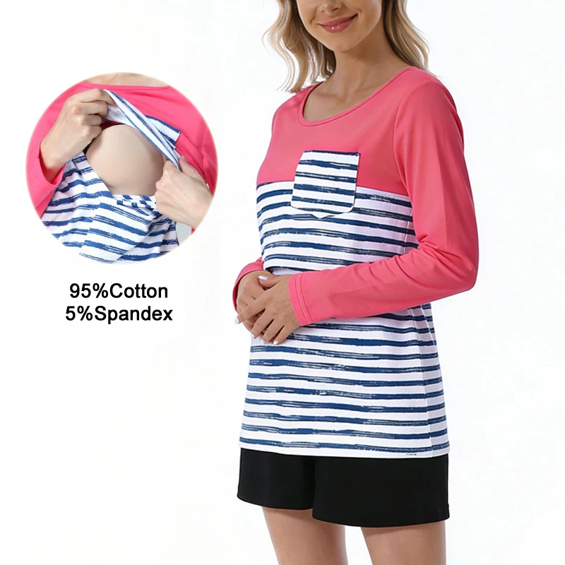Camiseta premamá a rayas para amamantar – Cómodo acceso fácil - imagen 4
