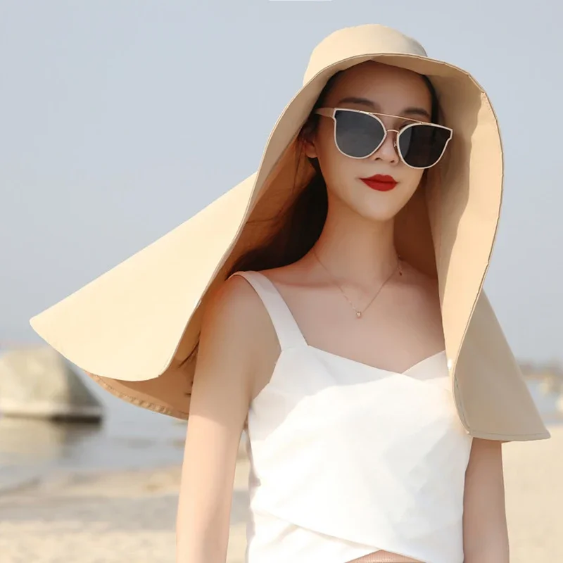Sombrero de sol de ala Extra grande para mujer, chal con protección para el cuello, sombrilla de verano, gorra con visera Anti-UV, sombrero de playa para viajes y vacaciones al aire libre - imagen 4