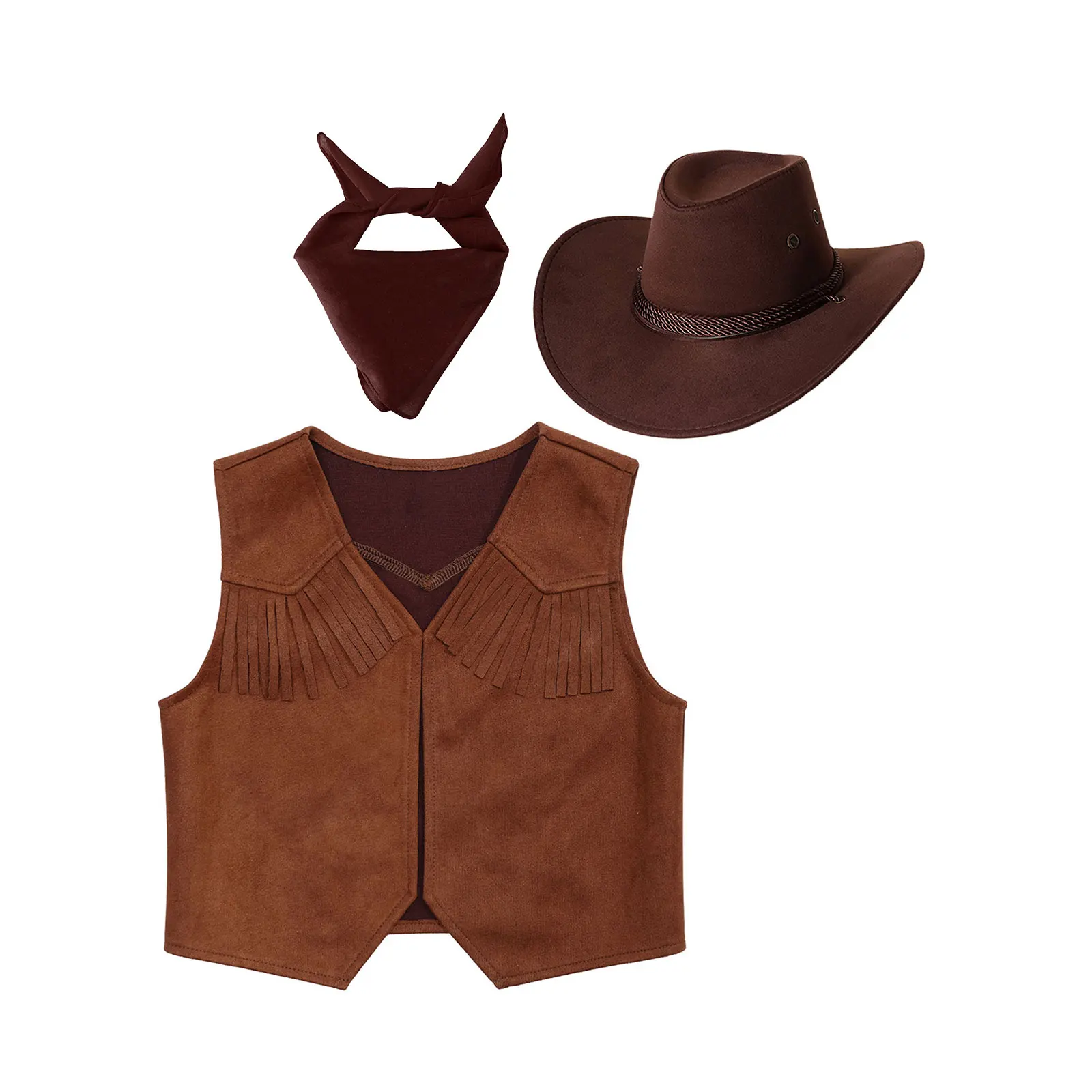 Chaleco de disfraz de vaquero occidental para niños, con pañuelo y sombrero de fieltro con cordón para Halloween, Carnaval, Cosplay, fiesta temática