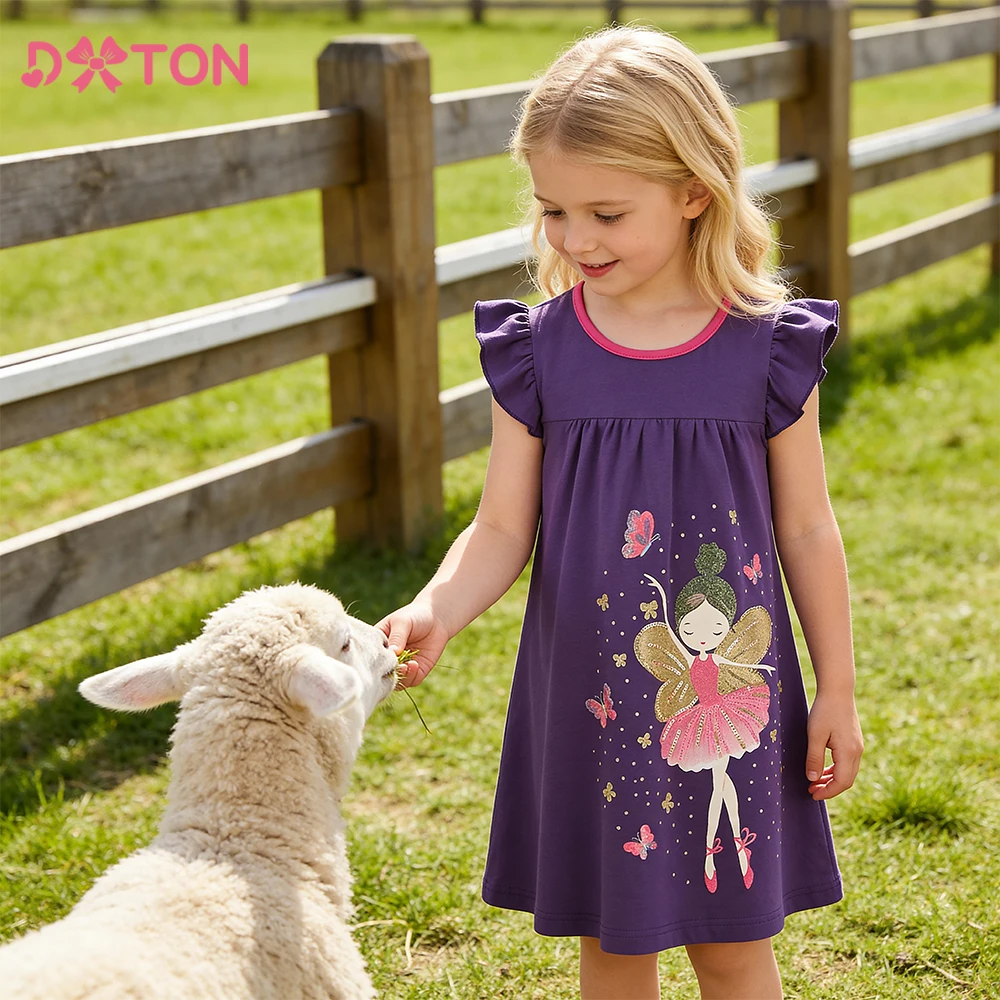 DXTON Vestido de verano de algodón con estampado de elfos para niñas - imagen 2
