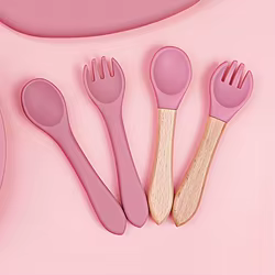 Juego de tenedor y cuchara de alimentación de bebé de silicona, sin BPA, mango de madera, utensilios de entrenamiento para bebés, accesorios para recién nacidos, 4 Uds.
