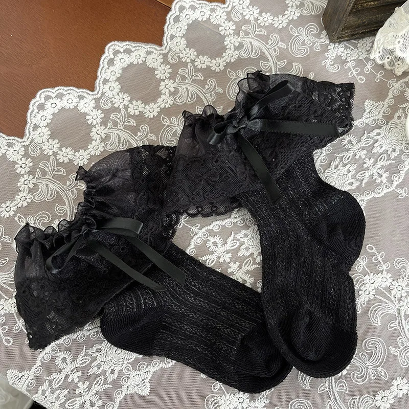 1 par de calcetines de malla de encaje de verano para niñas, calcetines sencillos de moda coreana con volantes de pantorrilla para niños, calcetines escolares suaves y finos y transpirables - imagen 5