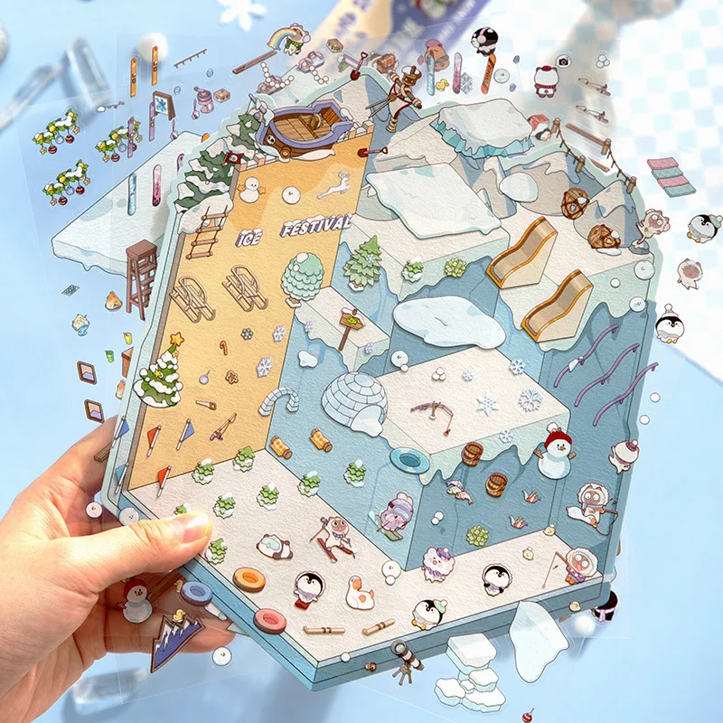 Pegatina de escena 3D del mundo de nieve de hielo de talla grande, pegatinas de paisajismo 2.5D en miniatura para cabina, pegatina apilable, regalo de Navidad - imagen 4