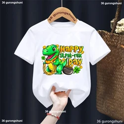 Camiseta Kawaii de dinosaurio San Patricio para niños y niñas
