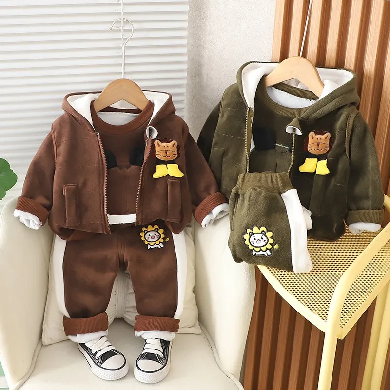 Conjunto de ropa para bebés, Otoño Invierno, chaqueta gruesa con capucha de lana de León de dibujos animados, abrigo, pantalones, traje de 3 piezas para niños de 1 a 4 años, trajes cálidos - imagen 4