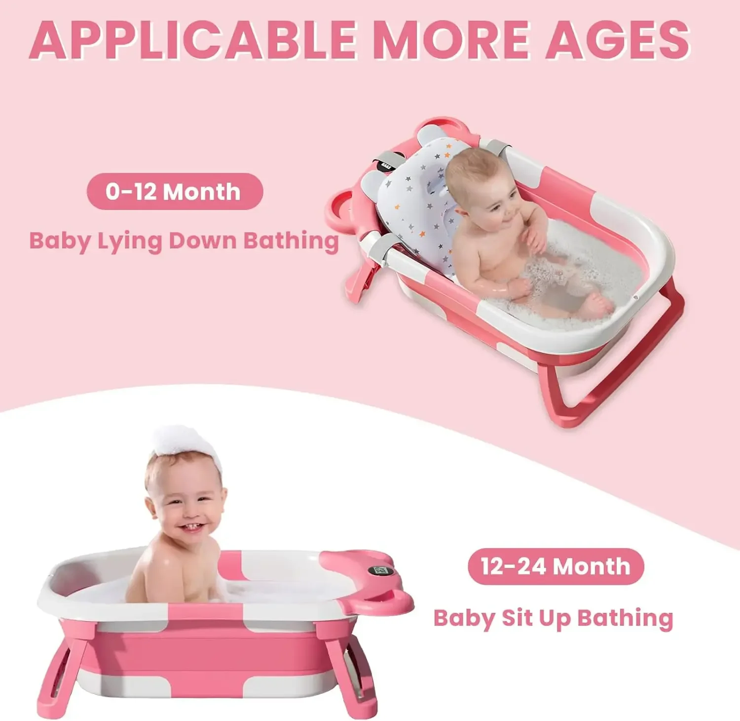 UBRAVOO Bañera para bebé recién nacido con monitoreo de temperatura en tiempo real, baño plegable para niños pequeños con cojín suave, portátil - imagen 5