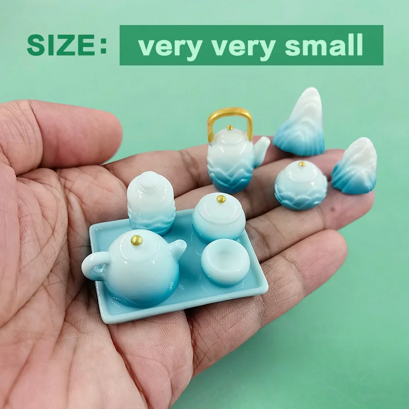 Juego de té con tinta estilo paisaje, estatuilla de piedra, decoración del hogar, casa de muñecas en miniatura, accesorios de decoración de jardín de hadas modernos, 9 Uds. - imagen 5