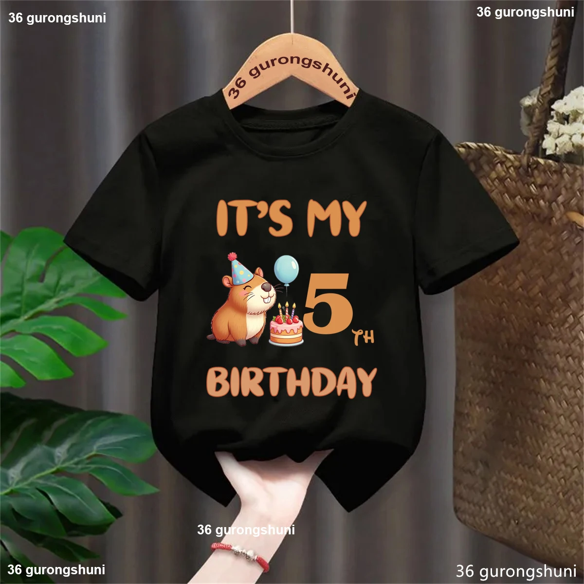 Camiseta con estampado de globos de capibara It's My 4th/5th Birthday para niñas/niños, regalo de cumpleaños, ropa para niños, camiseta sólida Kawaii - imagen 4