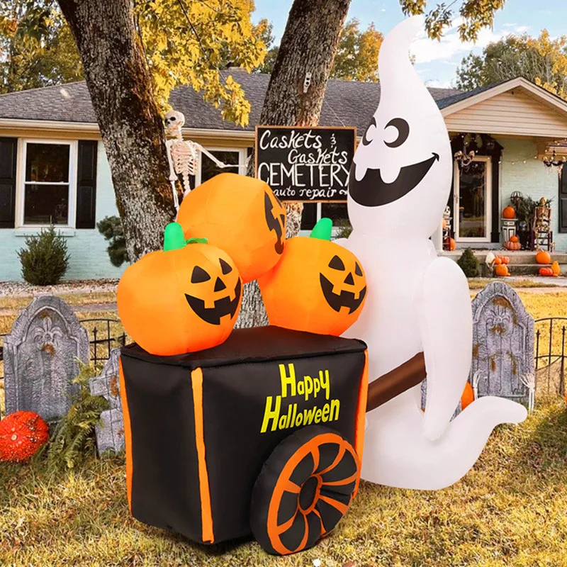 Juguete inflable de decoración de Halloween de 6 pies, carrito de calabaza con empuje fantasma y luces LED, modelo inflable de Halloween para fiestas navideñas al aire libre - imagen 3