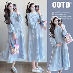Vestido premamá largo estilo franco coreano corte V suelto para otoño