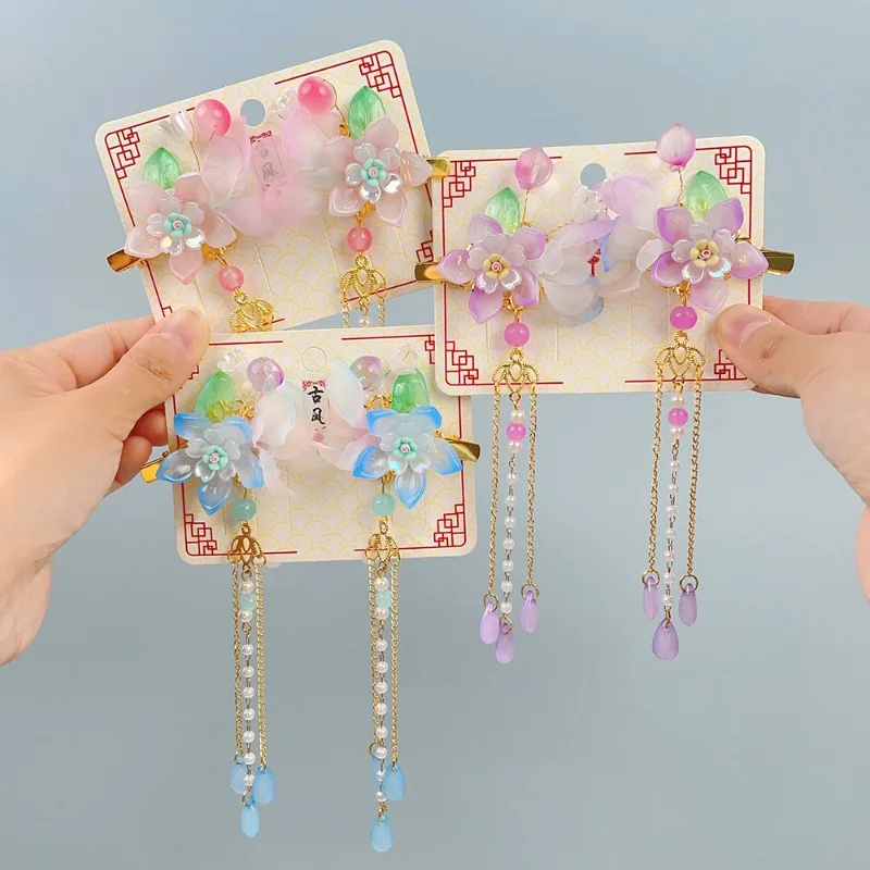 Accesorios para el cabello para niñas, accesorios para el cabello de estilo antiguo para niños, tocados Hanfu, pasos de disfraz para niñas, pinzas para el cabello con borlas oscilantes