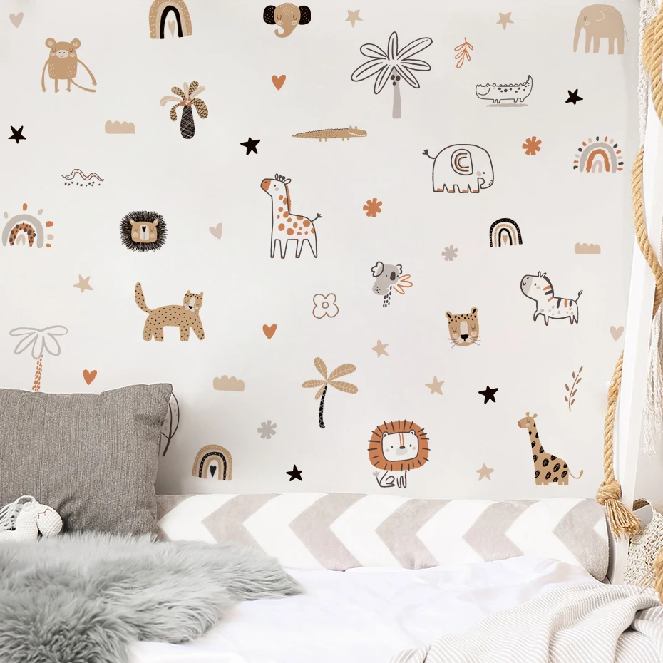 Pegatina de vinilo pared selva con animales y plantas bohemia infantil