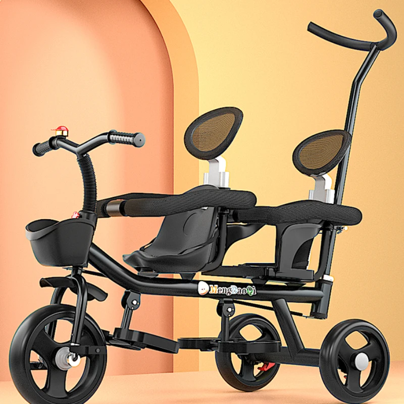 Barandilla de seguridad para triciclo para niños gemelos, freno trasero antideslizante, asiento desmontable, diseño plegable para viajes en centro comercial con portabebés doble