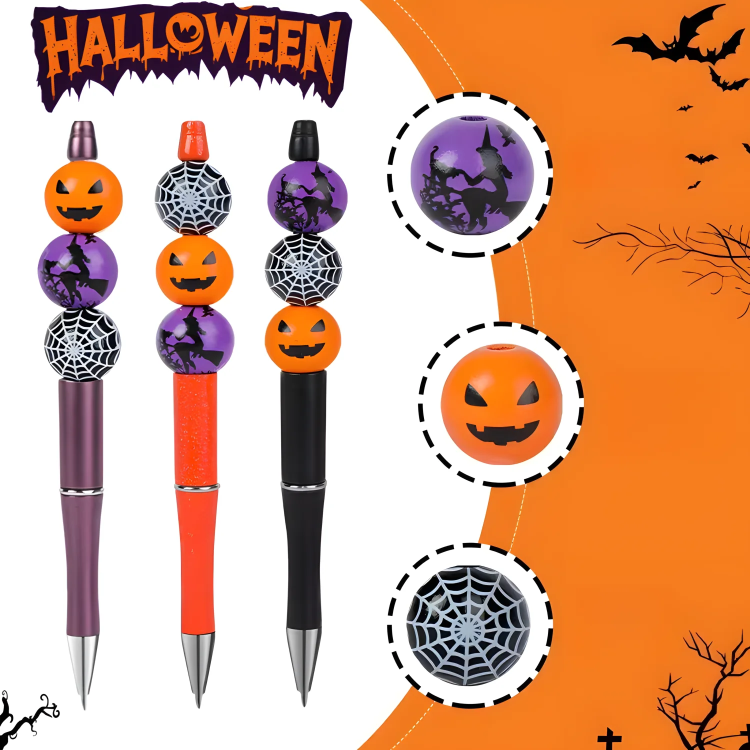 Stylos d'artisanat d'Halloween, stylos à perles bricolage citrouille sorcière toile d'araignée stylos à perles encre noire pour cadeaux d'Halloween fournitures de bureau scolaire - imagen 5
