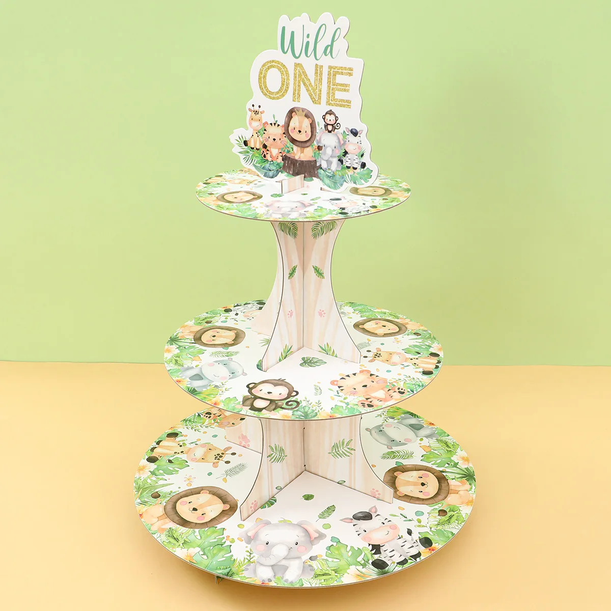1 Juego de soporte de exhibición de pastel de fiesta de Safari en la jungla de dibujos animados de 3 niveles, estante para cupcakes de cumpleaños de animales salvajes, decoración de bandeja para pastel de Baby Shower - imagen 2