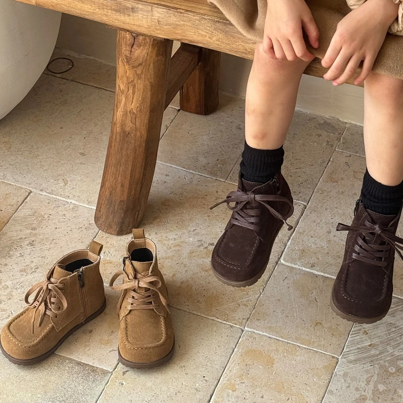 Botines de cuero para niños, botas cortas Retro de cuero genuino para niñas, zapatos de otoño para niños pequeños, estilo Vintage coreano